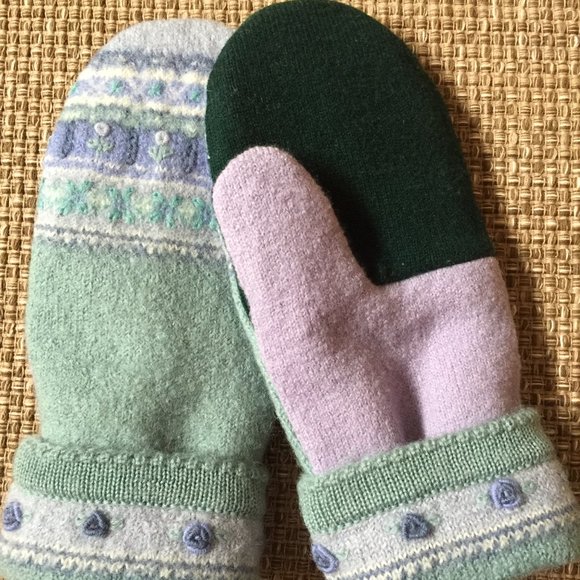 Felted Wool Handcrafted Mittens from Soft Green/Lavendar Embroidered Sweater - Picture 2 of 4